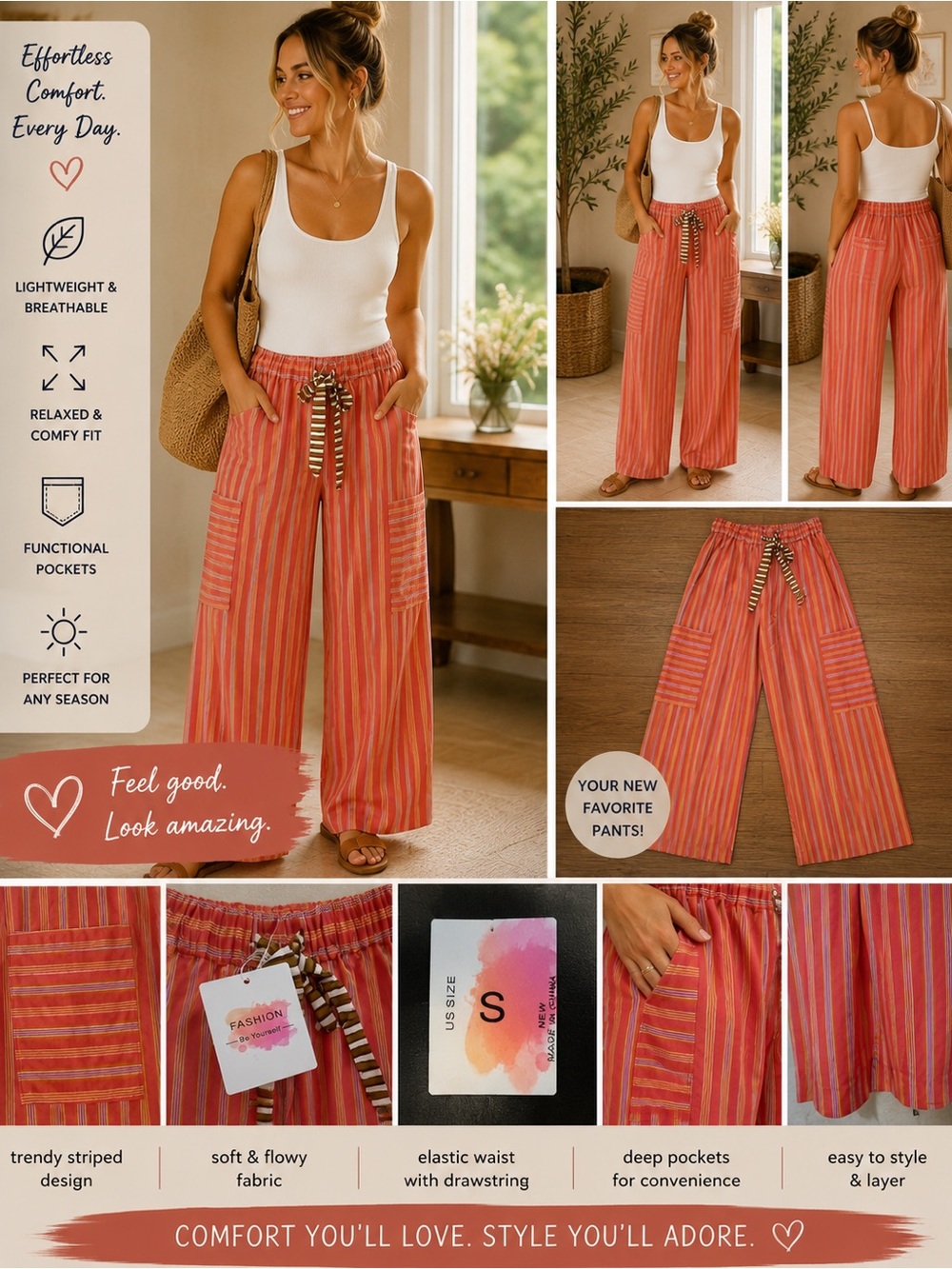 NWT- FashionStriped Wide-Leg Pull-On Pants - Coral Pink